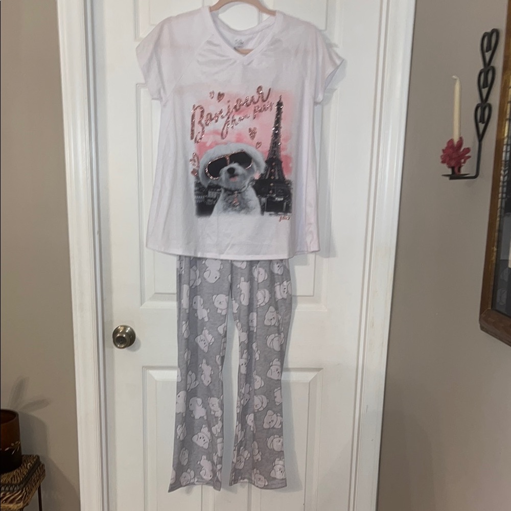 Justice 3 piece Pajama Set, “Bonjour Paris” & White Puppy, Size 14/16